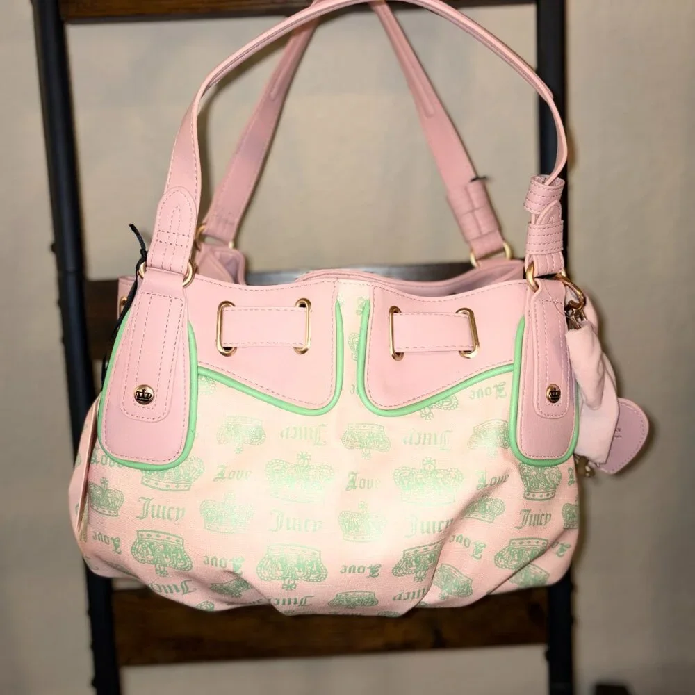 Juicy Couture Fan Club Crown Logo Satchel Pink & Green Shoulder Bag